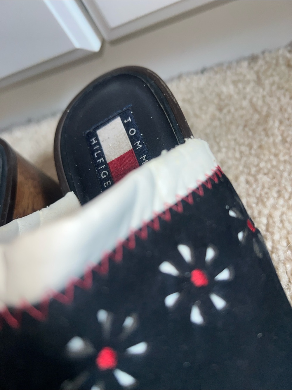 Tommy Hilfiger Black Suede Embroidered Clog Mules with Cream Trim - Picture 4 of 9